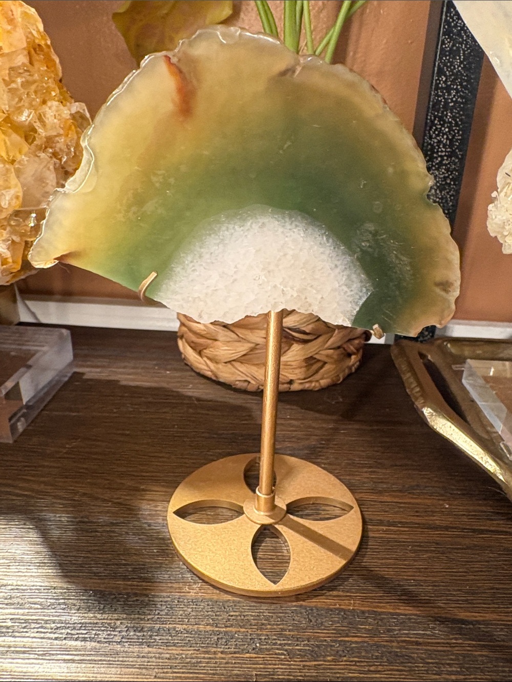 Green Agate Slice on Gold Stand